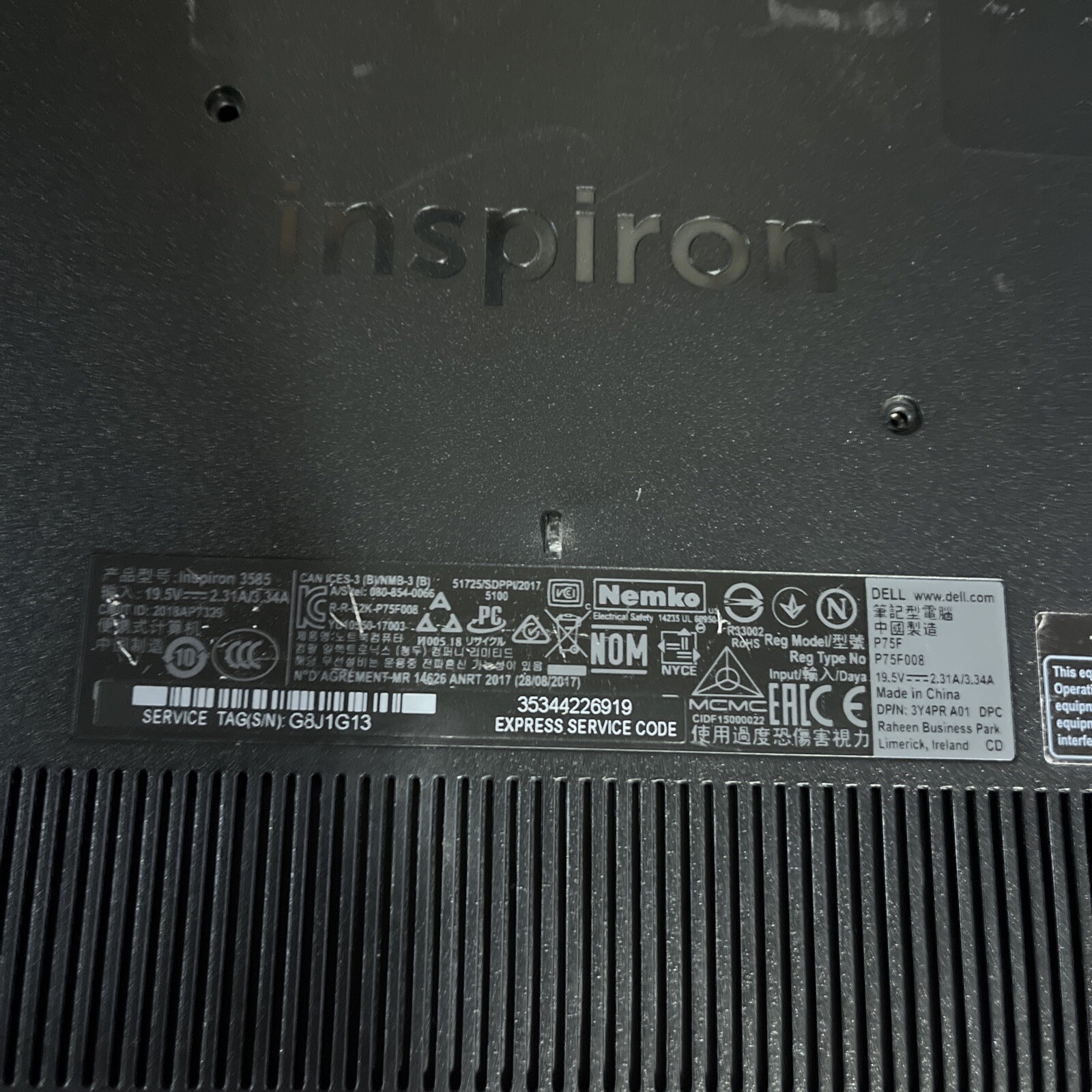 DELL INSPIRON 3585 AMD RYZEN 3 8GB RAM NO HD