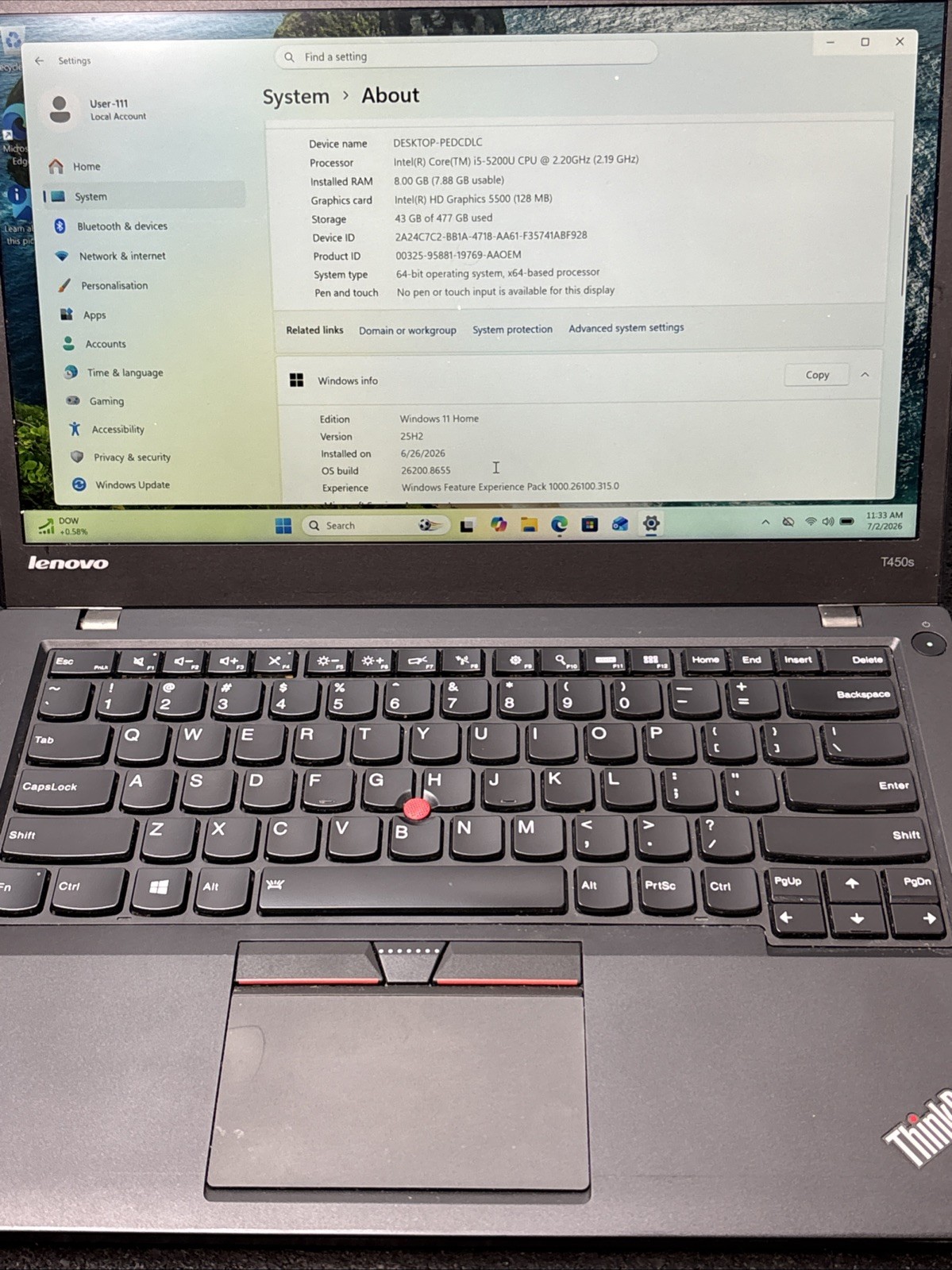 Lenovo ThinkPad T450s 14″ i5-5200U, 256GB SSD, 8GB RAM, FP Reader, Win 11 *NICE*