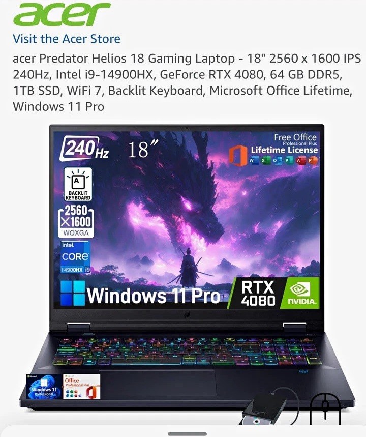 Acer Predator Helios 18 18in i9-14900HX RTX 4080 64GB 1TB SSD W11 Pro
