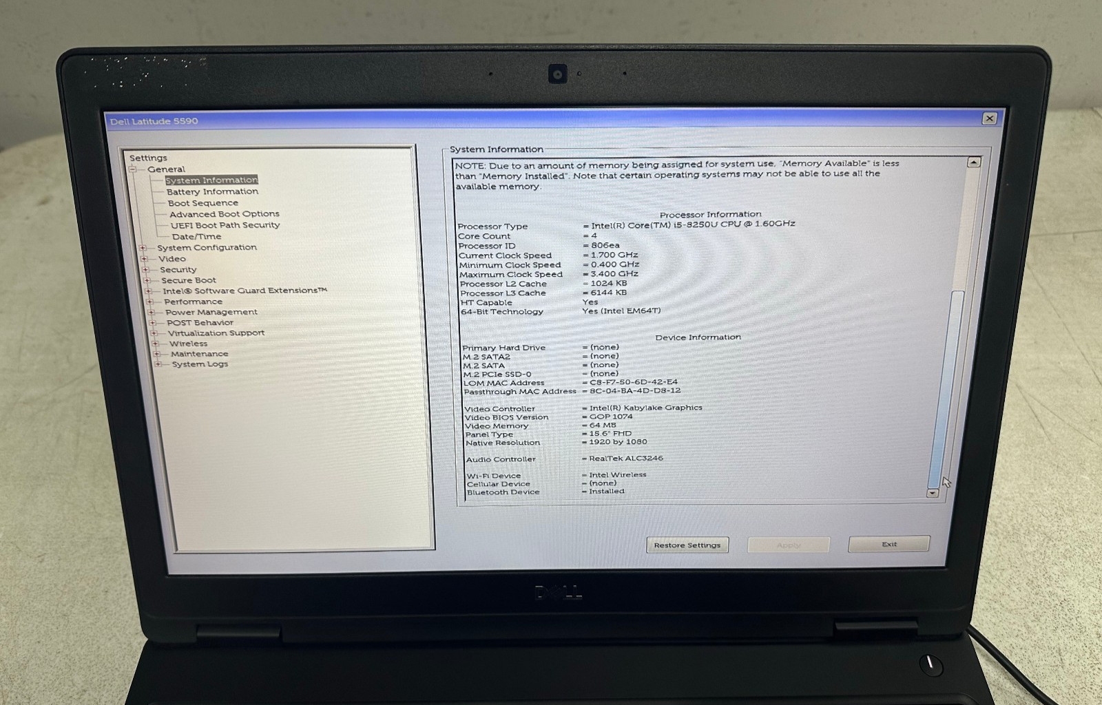 Dell Latitude 5590 15.6 FHD (i5-8250U @1.60, 8GB RAM, Boot To Bio) NO HD/ADAPTER
