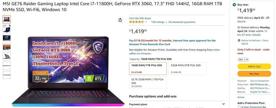MSI GE76 Raider Gaming Laptop i7 11800H RTX 3060 144Hz (Specs In Description)