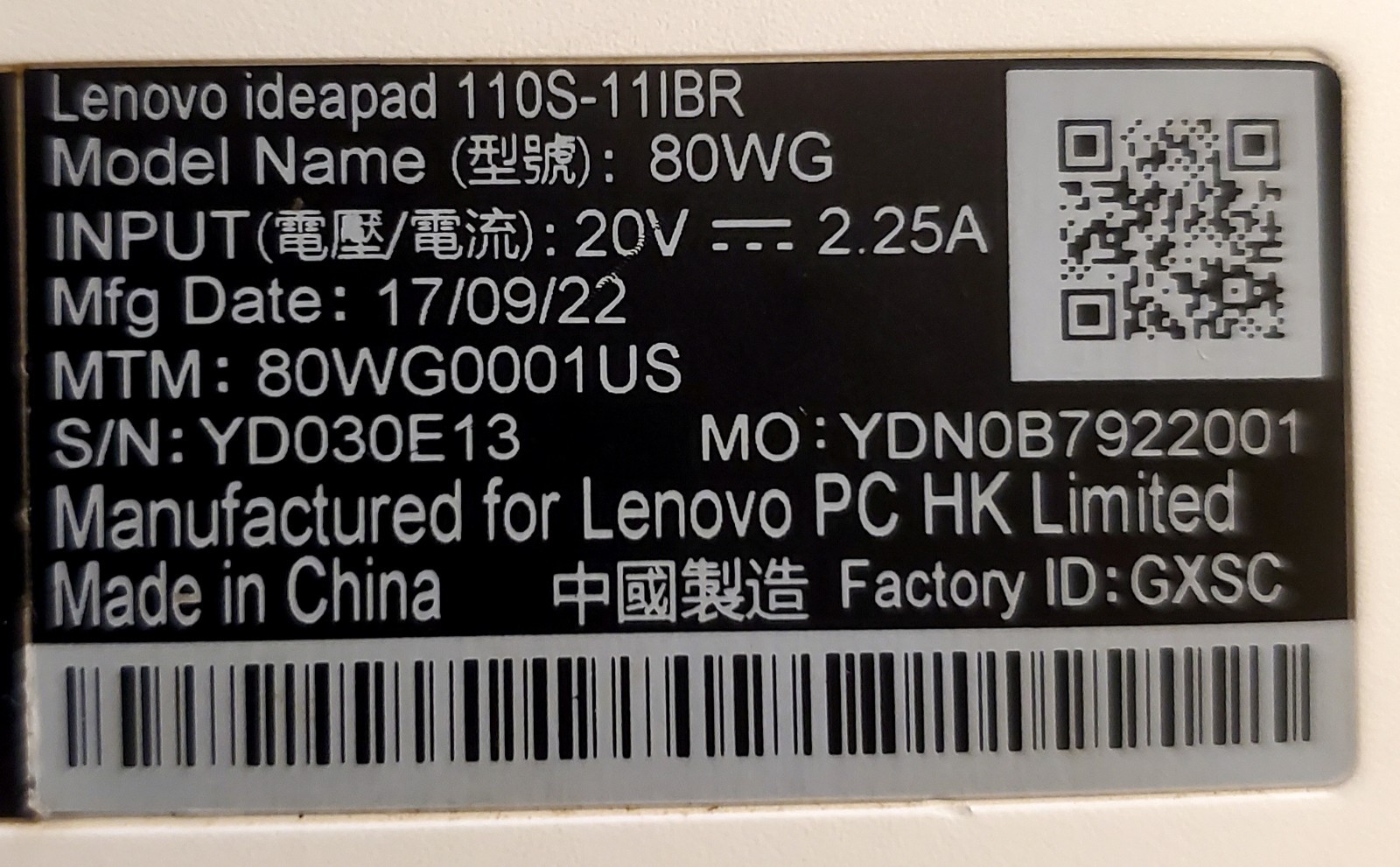 Lenovo Ideapad Laptop – Model 80WG / 110S-11IBR Intel Celeron N3060 GHz 2 GB 32