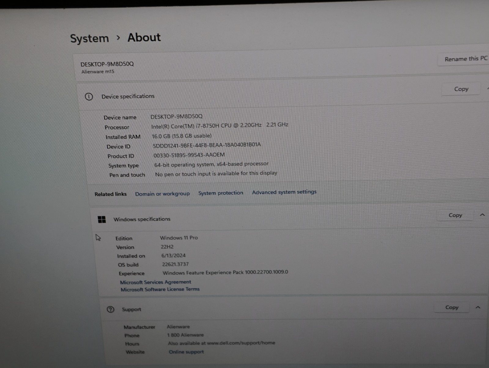 Alienware M15 rtx 2080 Max-Q i7-8750H 16G ram 240hz monitor 2x512GB Toshiba M.2