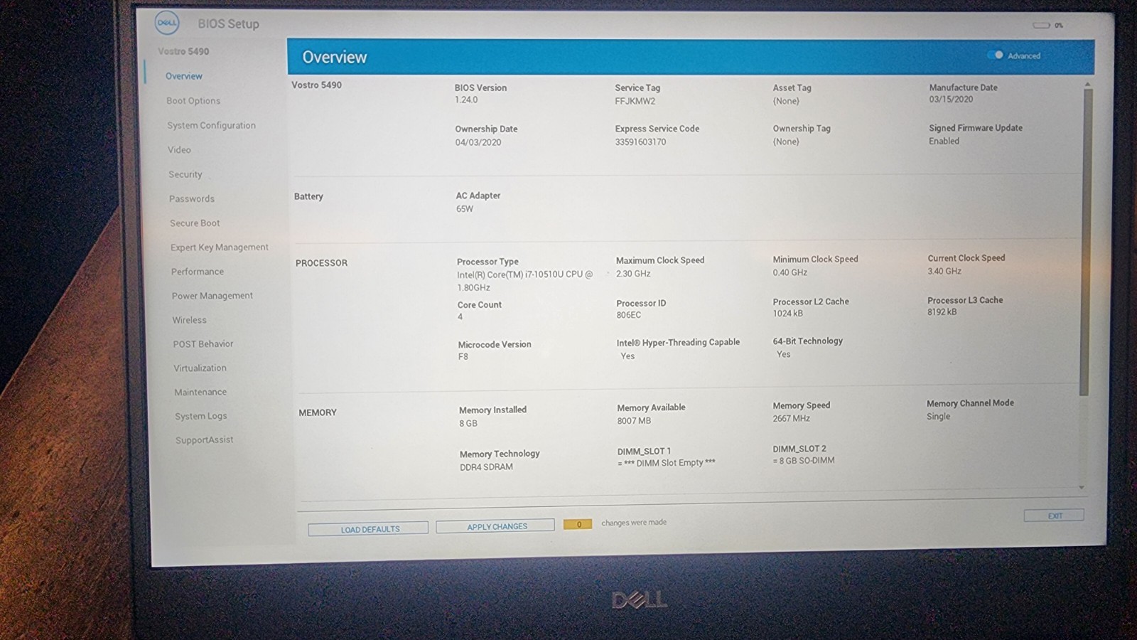 Dell Vostro 5490 14″ Laptop i7-10510U 8GB RAM 240GB SSD W11PRO MX250 – no batt