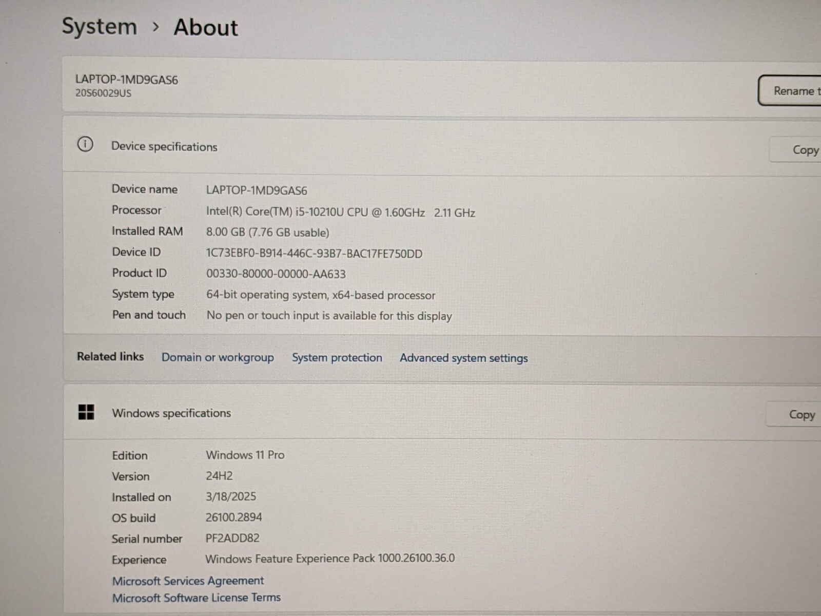 Lenovo ThinkPad T15 Gen1 15.6″FHD core i5-10210U 1.6GHZ 8GB 256GB Win11Pro +PwAd