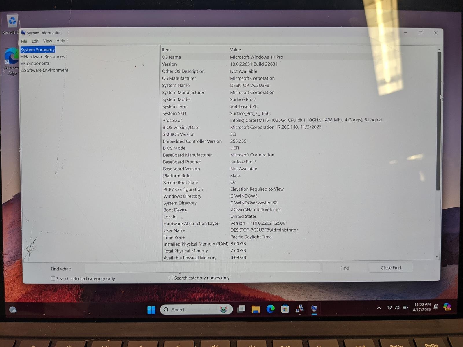 MICROSOFT SURFACE 1866 i5-1035G4 @ 1.1 GHz, 8GB RAM, 256GB SSD, WINDOWS 10