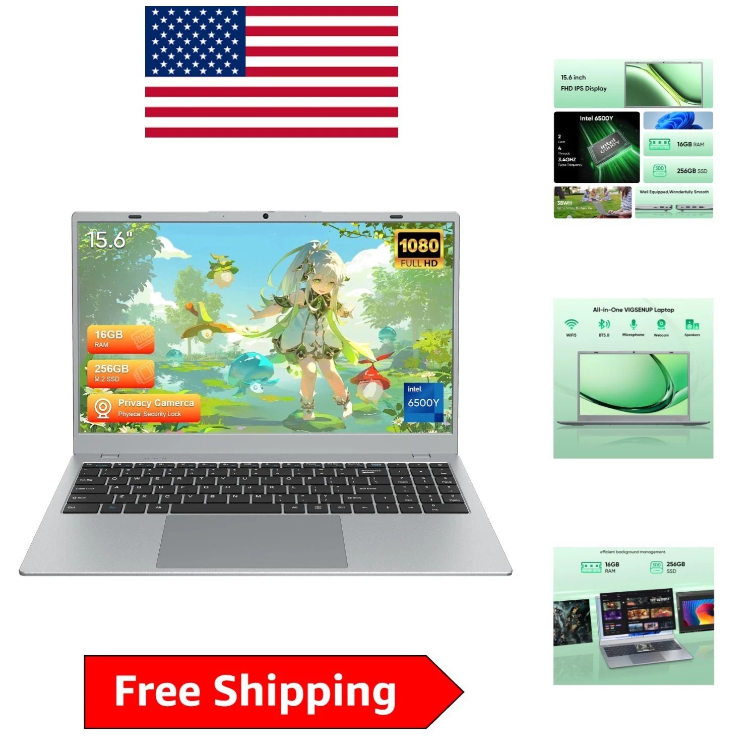 Stylish Silver 15.6″ Laptop – 1080p Display, 256GB SSD & WiFi 5 Connectivity