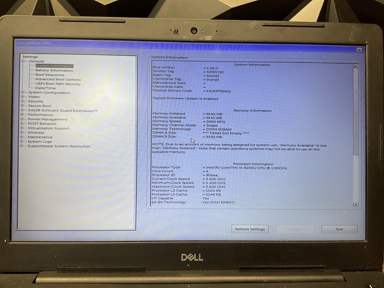 Dell Latitude 3590 / Intel Core i5 8th Gen / BIOS Unlocked / Parts Repair / J6