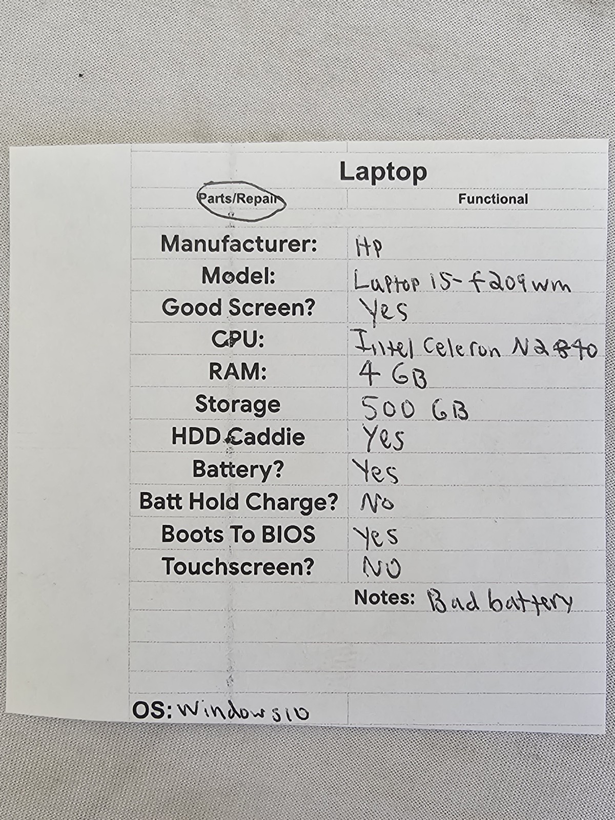 HP 15-f209wm Laptop – Intel Celeron N2840 – 4GB RAM – 500GB – BAD BATT – Win 10