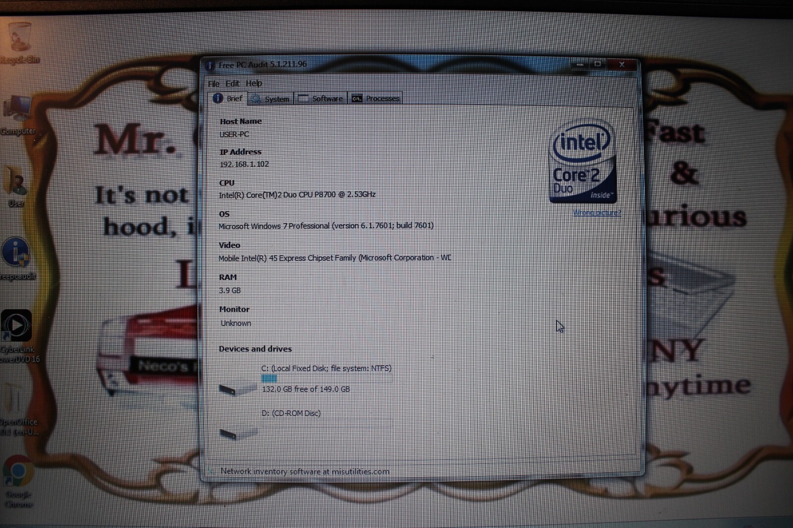 HP Compaq 6530b Intel Core 2 Duo CPU P8600 @2.40GHz 4GB 150GB HDD WINDOWS 7