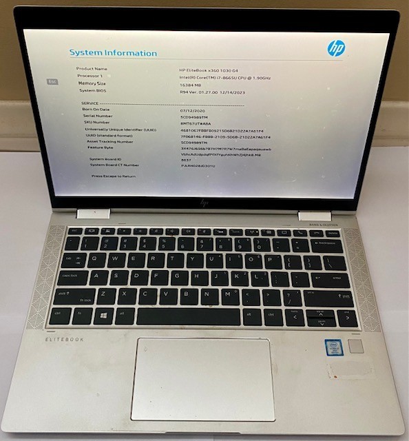 HP EliteBook x360 1030 G4 Intel Core i7-8665U CPU @1.90 GHZ, 16GB RAM NO OS