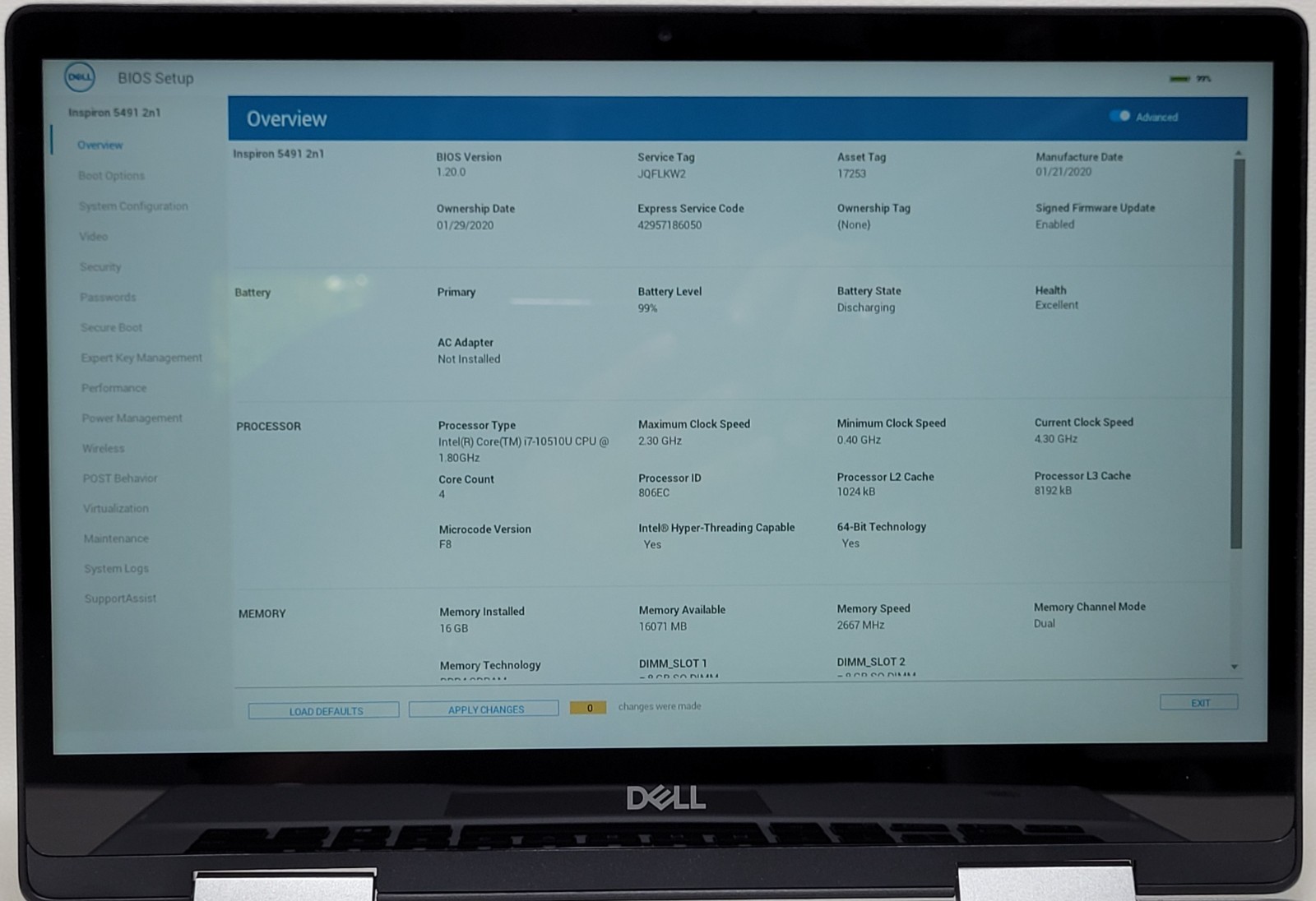 Dell Inspiron 5491 2 in 1 i7 10Gen 16GB NO ADAPTER (UID TE043B5D79)