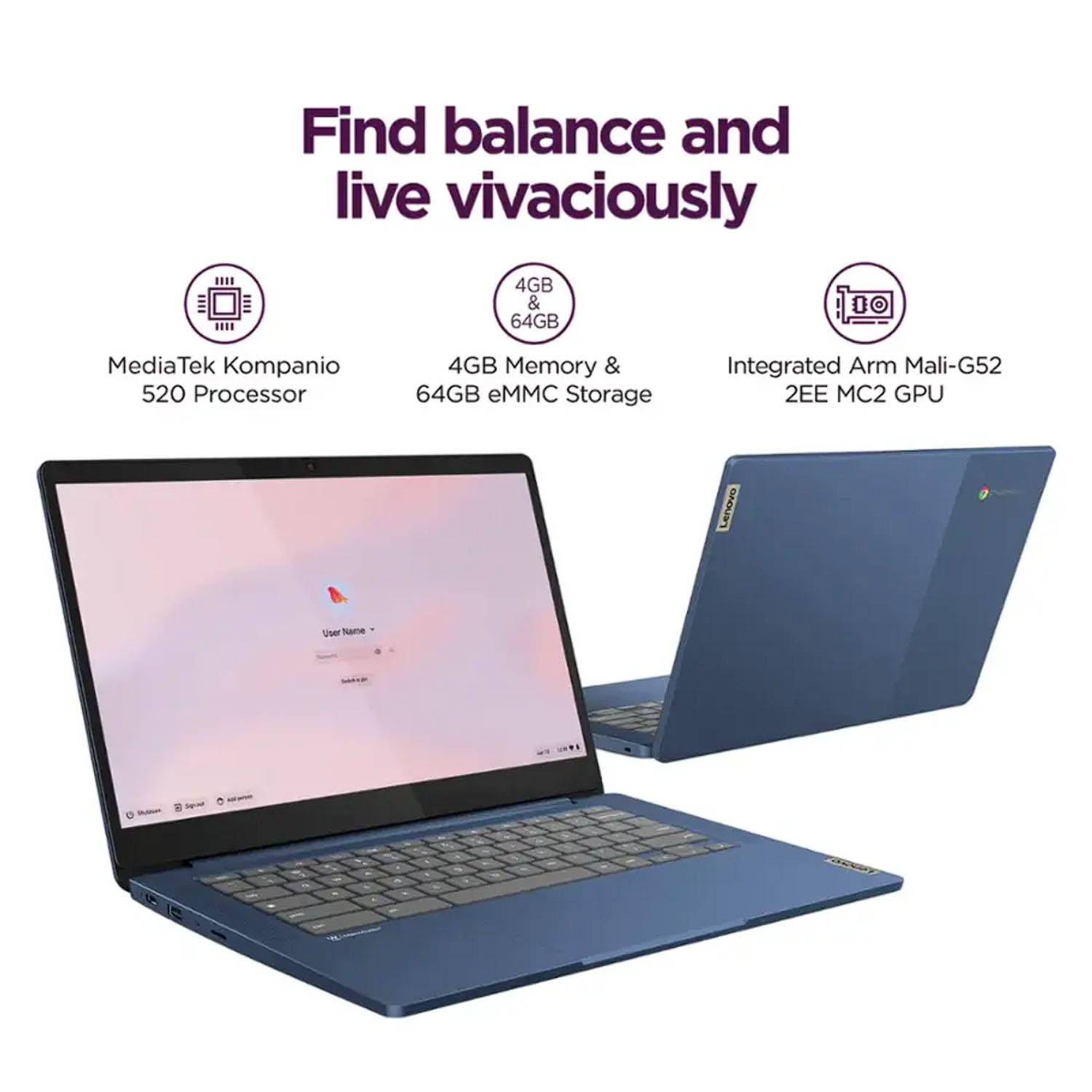 Lenovo IdeaPad Slim 3 Chromebook 14″ Laptop MediaTek Kompanio 520 4GB RAM 64GB