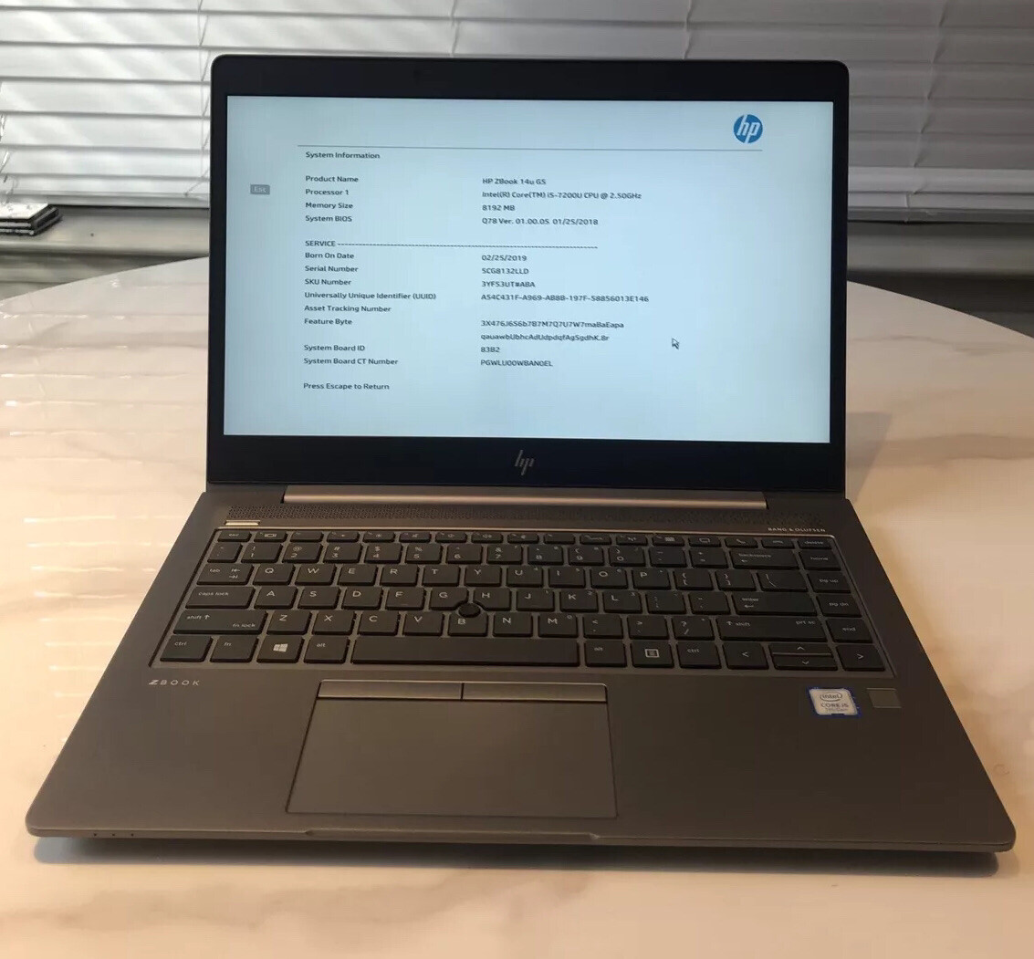 HP Zbook 14u G5 Core I5-7200U 2.5GHz 8GB RAM 256GB SSD Win 10Pro No Webcam