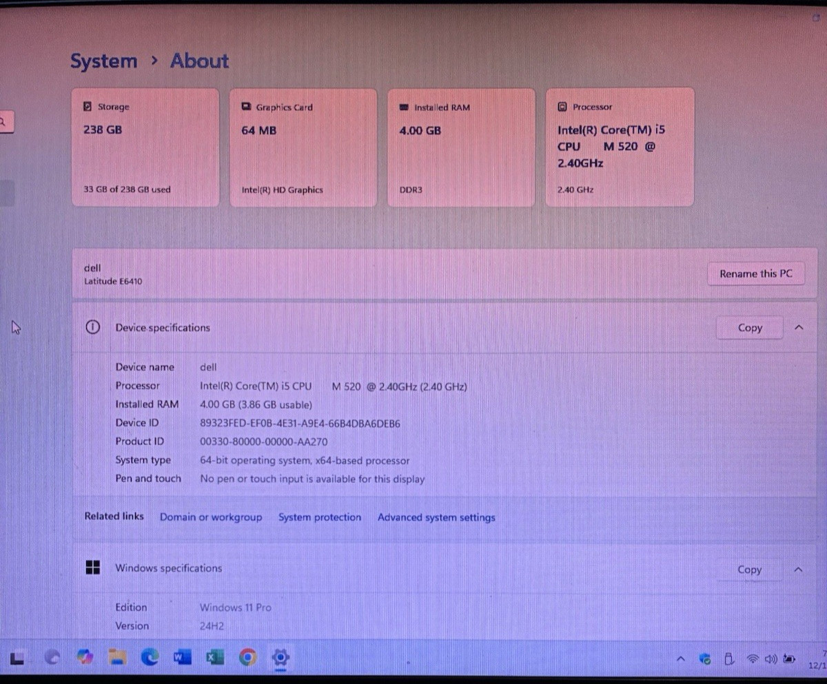 Dell Latitude E6410 Intel Core I5 cpu M520 238GB HD with window 11 pro USED