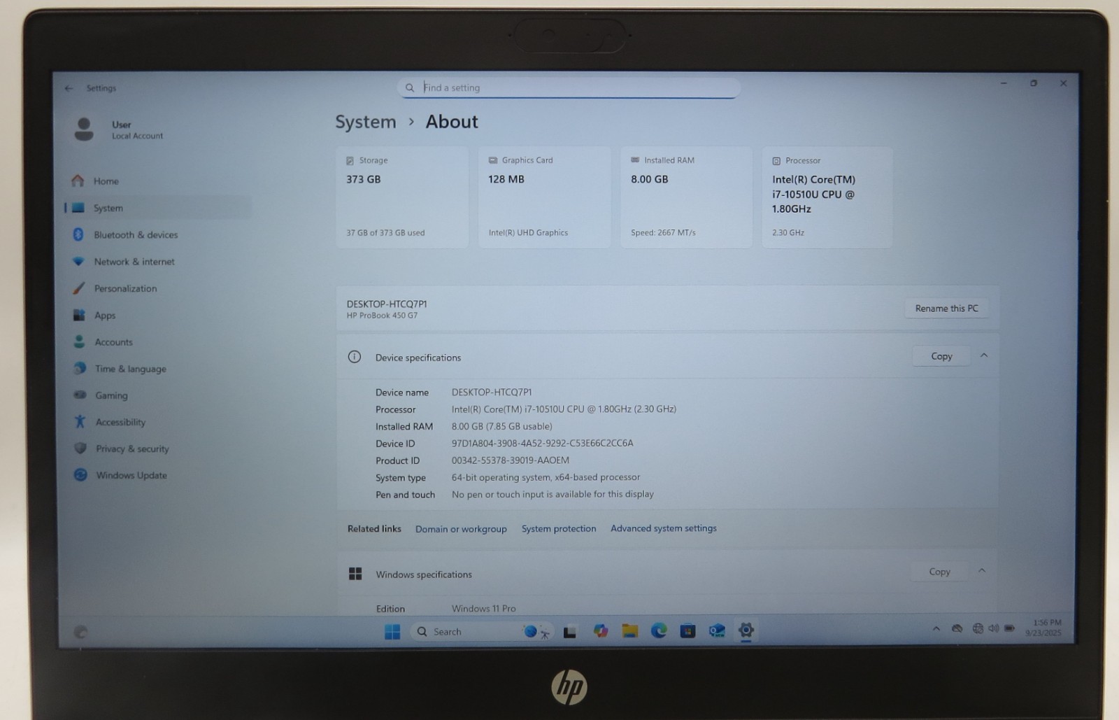 HP ProBook 450 G7 _ i7-10510U @ 1.8 _ 8GB RAM _ 400GB SSD _ W11P