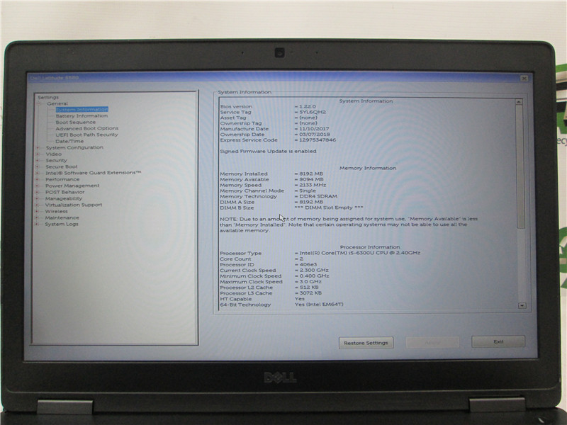 Dell Latitude 5580 Laptop i5-6300U 2.4GHz 8GB 500GB FHD No OS Grade C