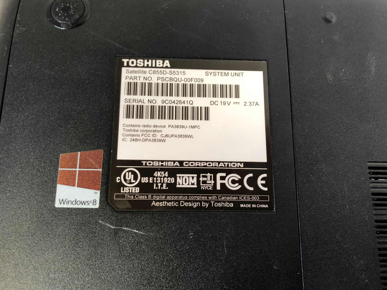 TOSHIBA SATELLITE C855D-S5315 PART NO PSCBQU-00F009 LAPTOP AS IS