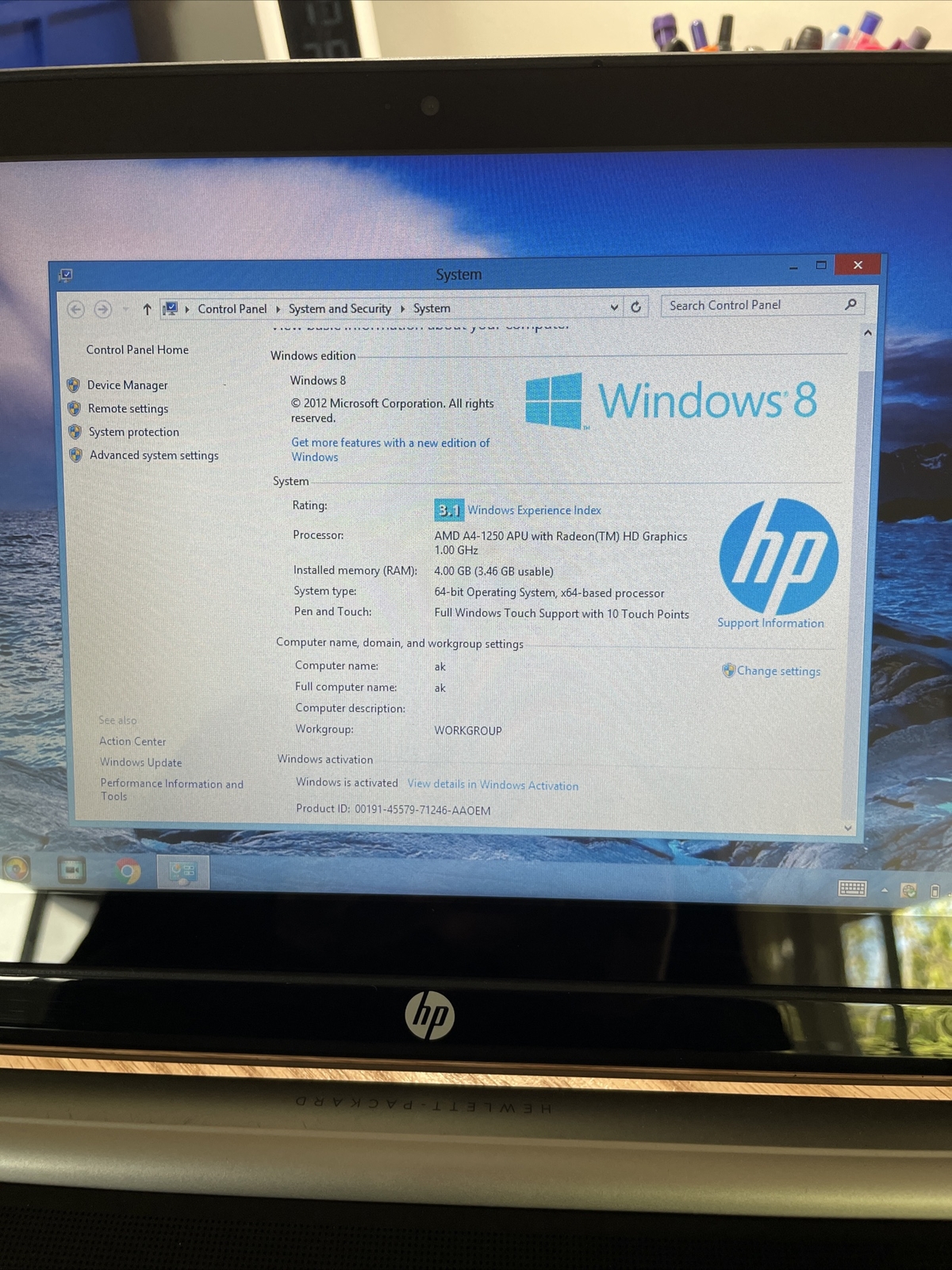 HP Pavilion TS AMD A4-1250 APU @1.0 GHz, 4 GB RAM, 500GB HDD, Touch, WIN 8.1