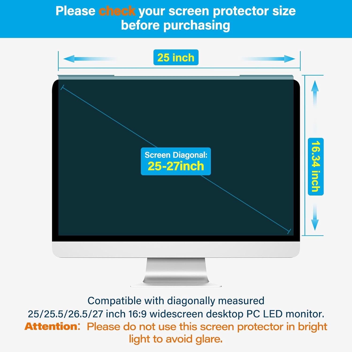 25-27 inch Computer Blue Light Blocking Screen Protector for 25, 25.5, 26.5, 27