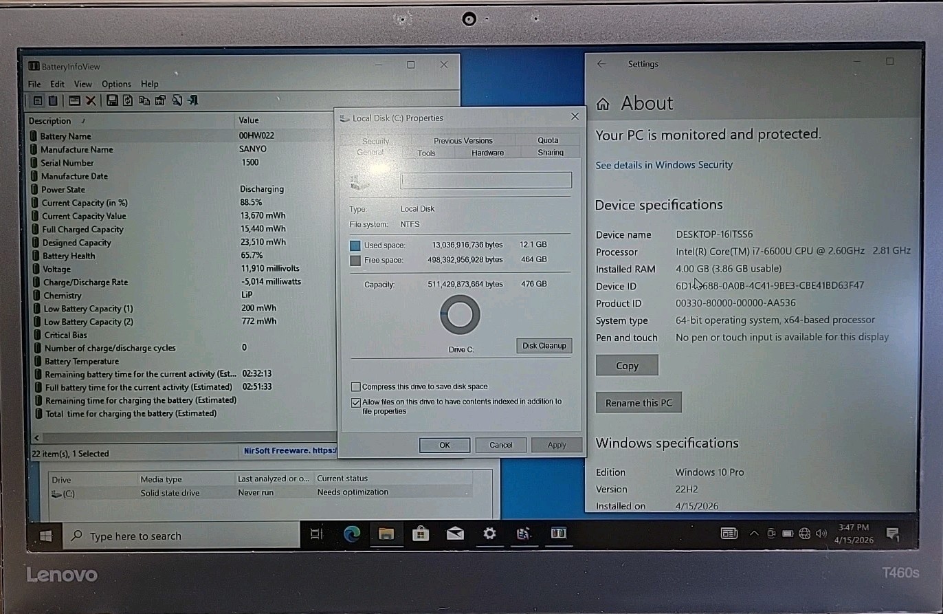 Lenovo ThinkPad T460s, Intel Core i7-6600U @ 2.6GHz, 4GB RAM, 512GB SSD, W10P
