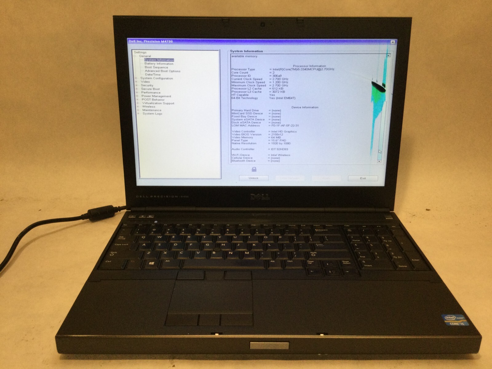 Dell Precision M4700 / Intel Core i7-2620M @ 2.70GHz /(CRACKED/MISSING PARTS!)MR