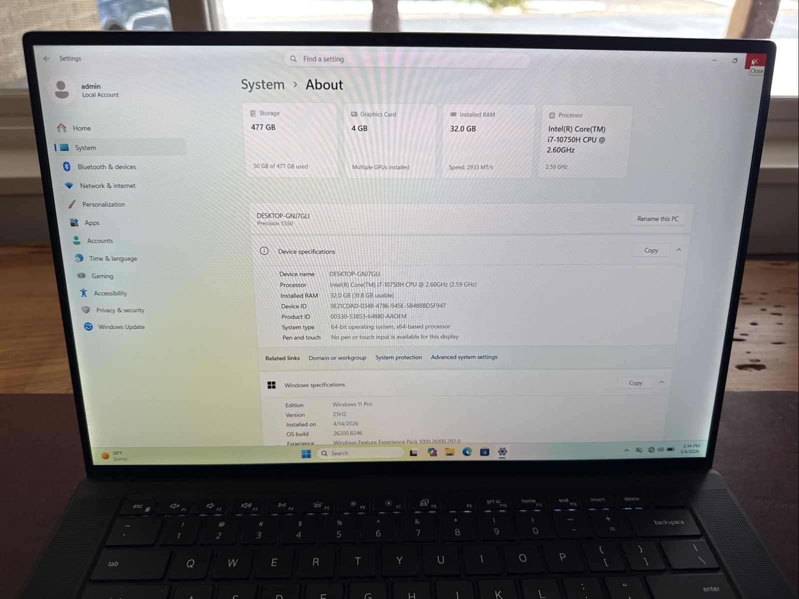 Dell Precision 5550 15in FHD+ i7-10750H 2.60GHz – 32GB 512GB SSD – Quadro T1000