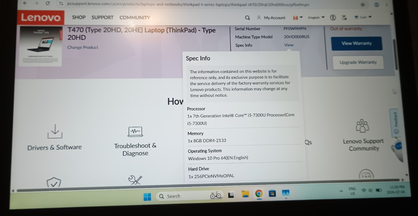 Lenovo ThinkPad T470 i5-7300U 8GB RAM 250GB SSD Win 11 + Charger