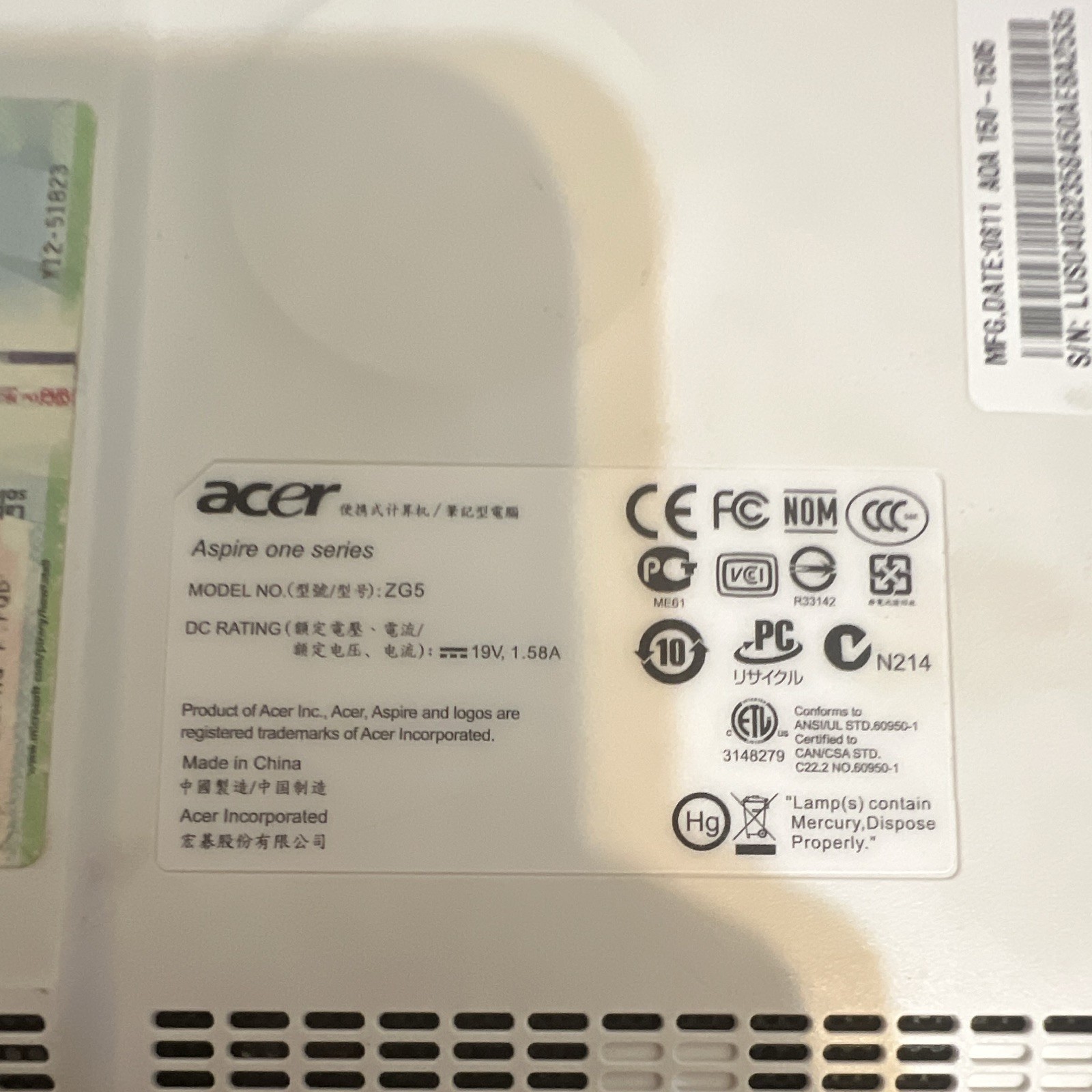 Acer Aspire One ZG5 10.1″ Atom 1.60GHz 1GB 160GB HDD Win XP White