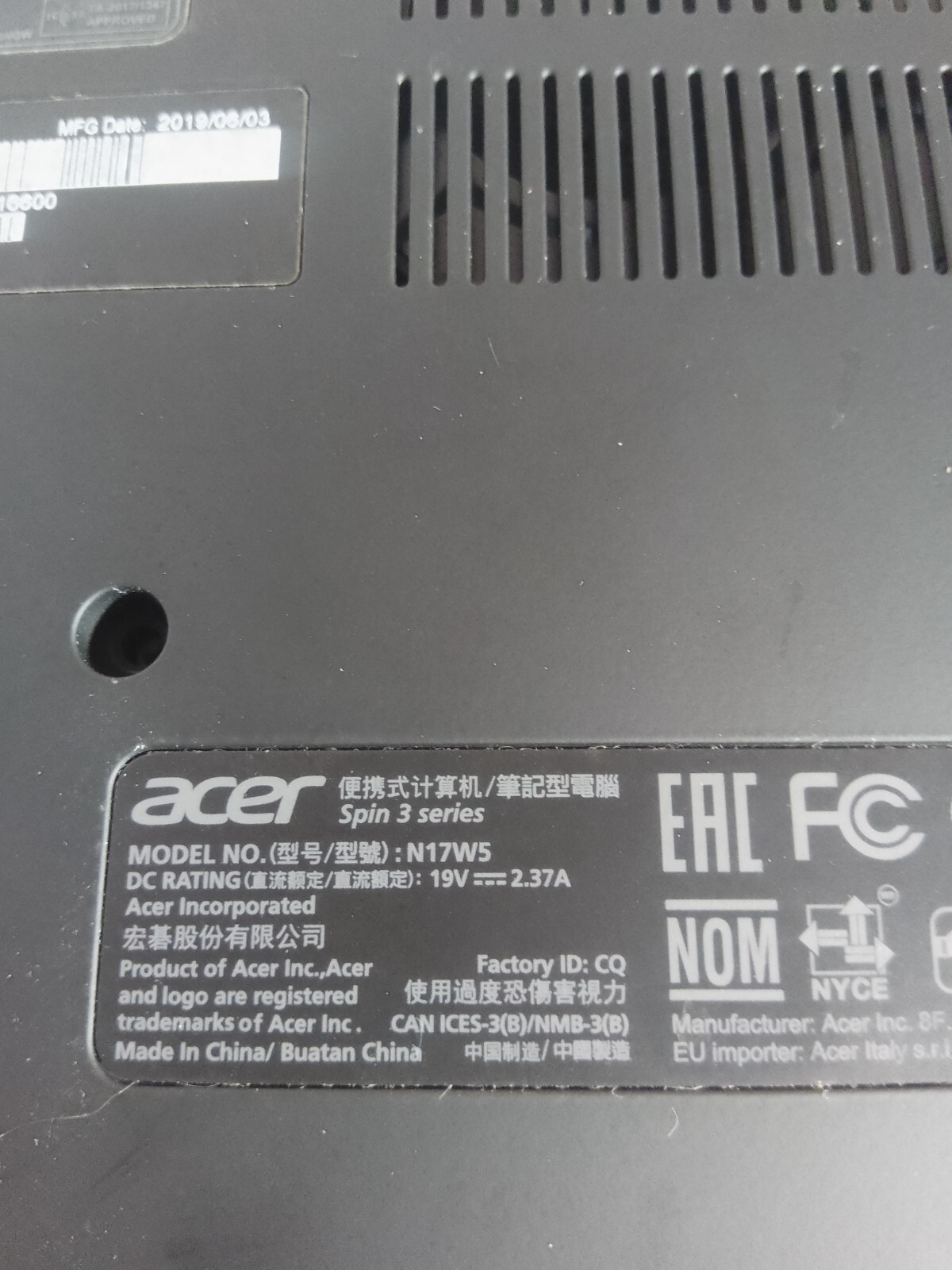 Acer Aspire Spin 3 series 15.6” Core i3-8145U @ 2.1GHz 4GB RAM no HDD