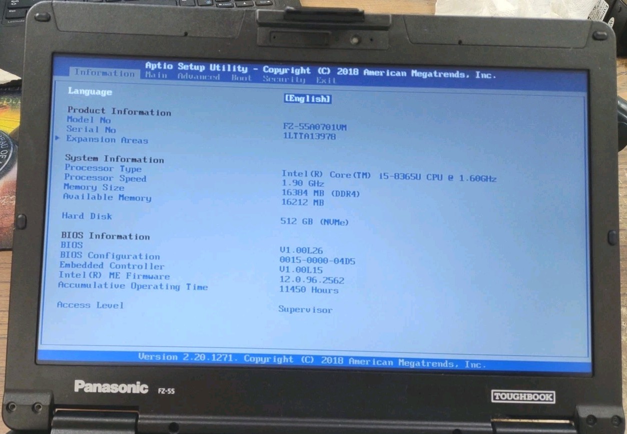 Panasonic ToughBook FZ-55 W/ i5-8365U, 512GB SSD, 16GB RAM. NON TOUCH