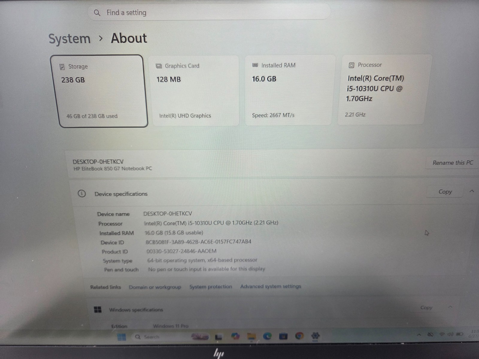 HP ELITEBOOK 850 G7 i5-10310U 1.70GHZ 16GB–256GB SSD WIN 11 PRO