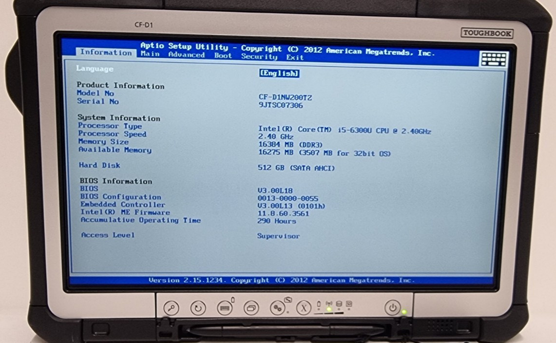 PANASONIC TOUGHBOOK CF-D1 MK3 i5-6300U 2.40GHZ 16GB 1TB SSD XENTRY TABLET 290HRS