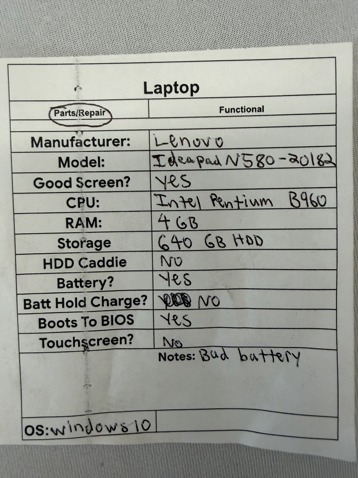 Lenovo Ideapad N580-20182 Laptop – Good Screen – Intel Pentium B960 – Read Des