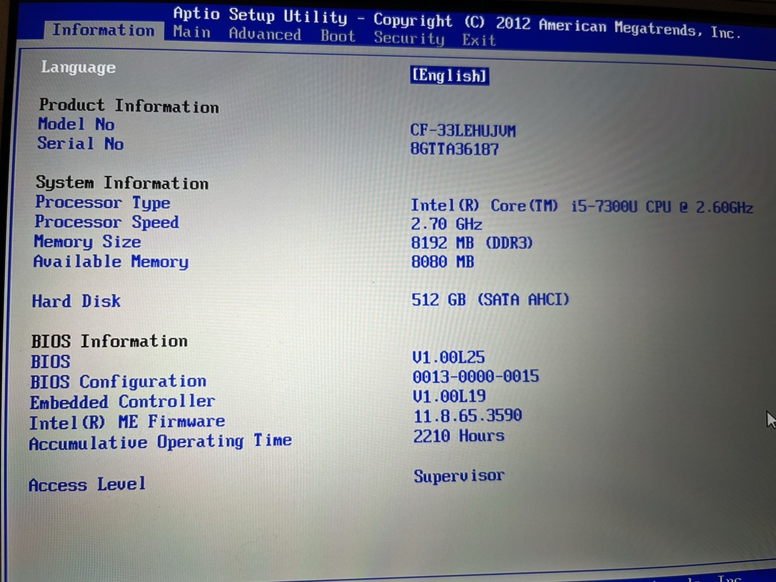 Panasonic ToughBook CF-33 MK1 i5-7300U 2.6GHz 8GB, 512 GB SSD,4G LTE, 2210 hours