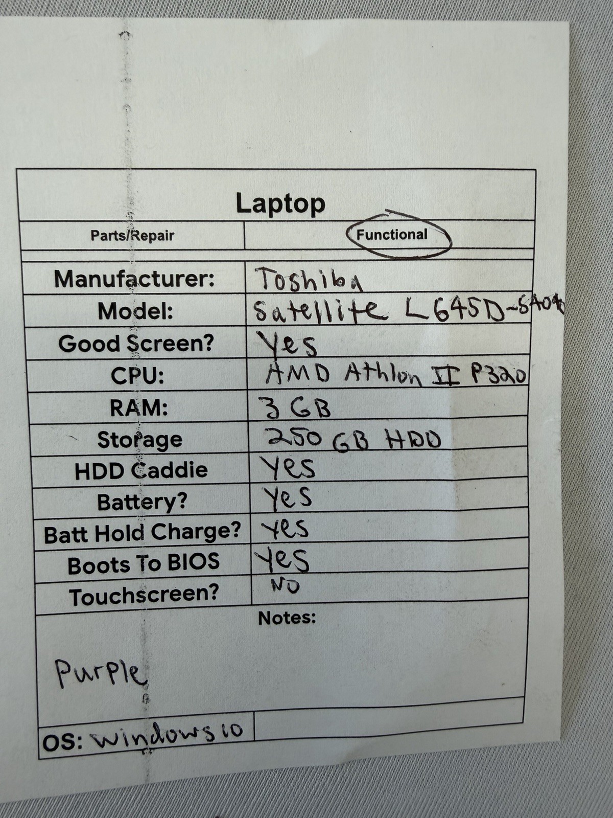 Toshiba Satellite L645D-S4040 Laptop – Good Screen – AMD Athlon II P320-Read Des