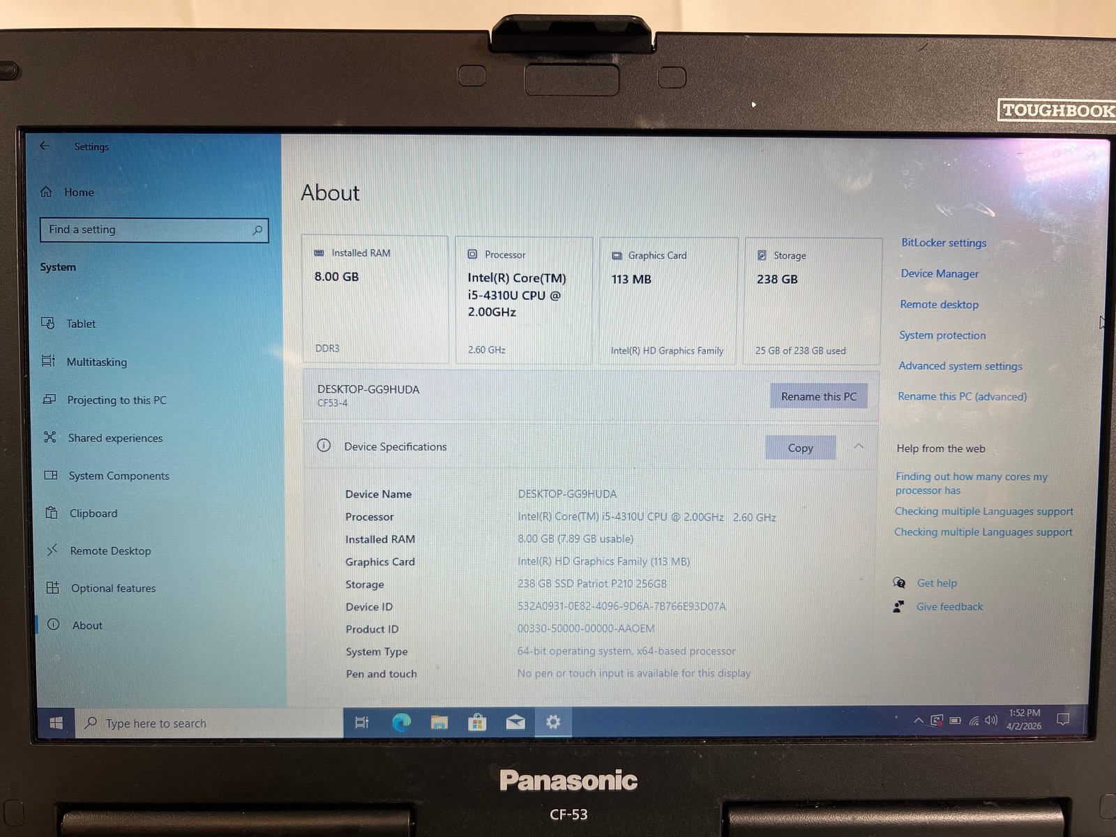 Panasonic Toughbook CF-53 MK4 i5-4310U 8GB 256GB SSD 14″ Win 10 Rugged