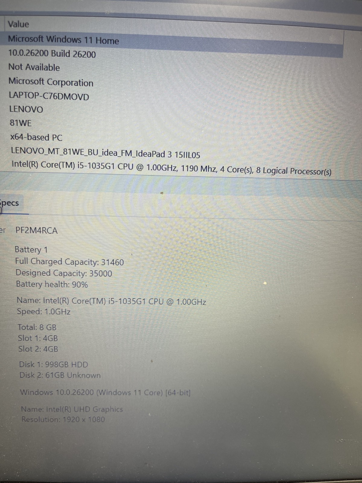 Lenovo ideaPad 3 15IIL05 Laptop i5-1035G1 1GHz 8GB RAM 256GB SSD Win 11 Pro