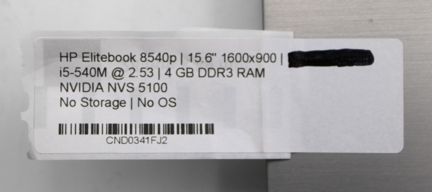 HP Elitebook 8540p i5-540M@2.53GHz 4GB DDR3 NO STORAGE OR OS *USED/TESTED*