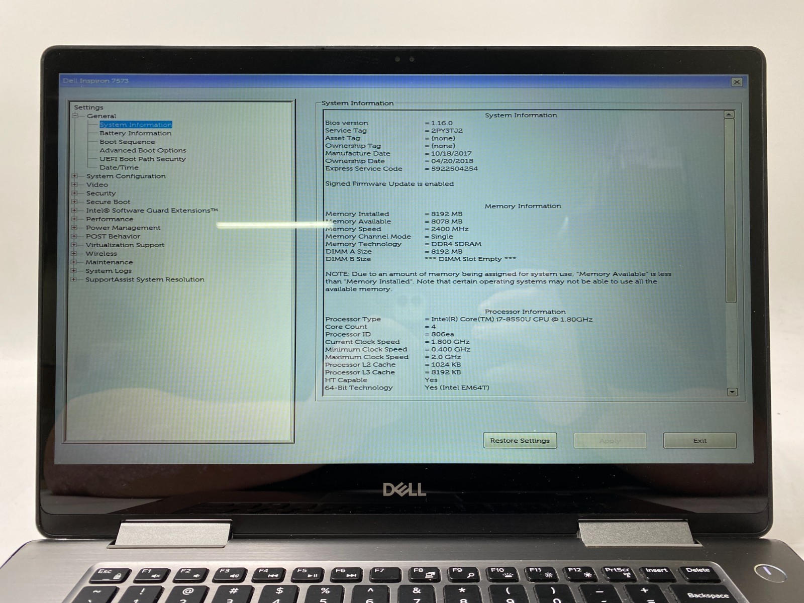 Dell Inspiron 7573 2-in-1 Touch i7-8550U 8GB DDR4 No SSD/OS Missing USB -PARTS