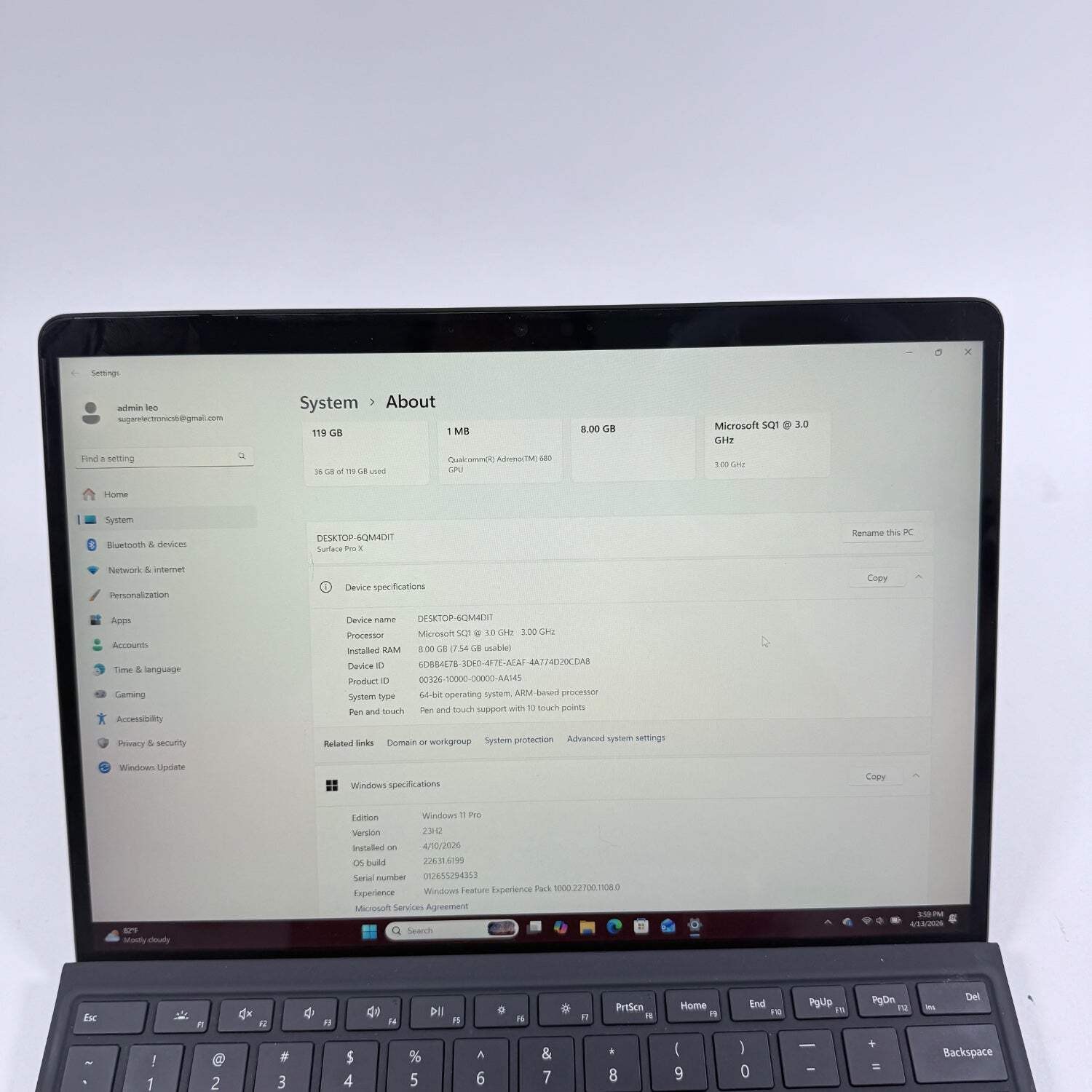 Microsoft Surface Pro X 1876 13″ SQ1 3.0GHz 8GB RAM 128GB SSD