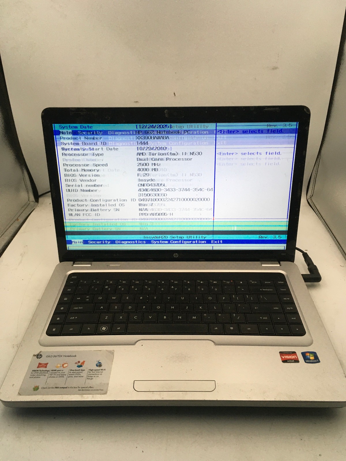 HP G62 367DX NOTEBOOK -FOR PARTS/BAD LCD- AMD TURION II N530 – 4GB RAM -READ- BB