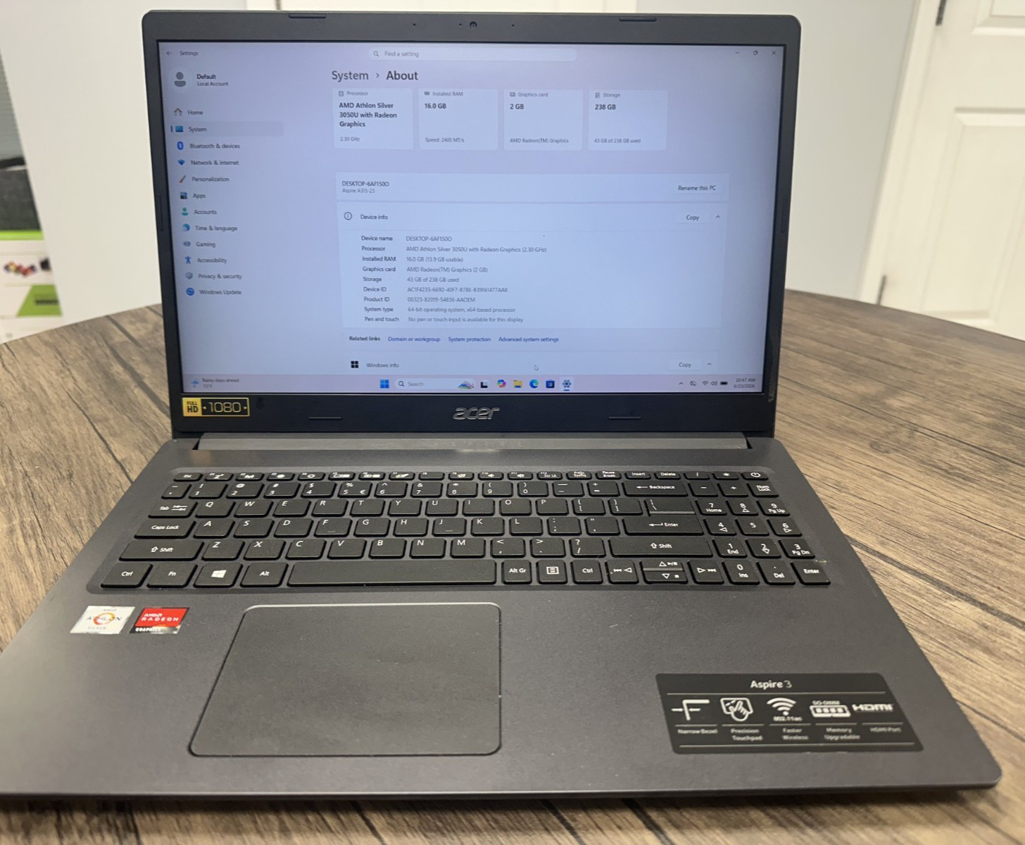 Acer Aspire 3 Model N18QW13 AMD Athlon Silver 3050U @2.30GHz 16GB RAM 256 NVME