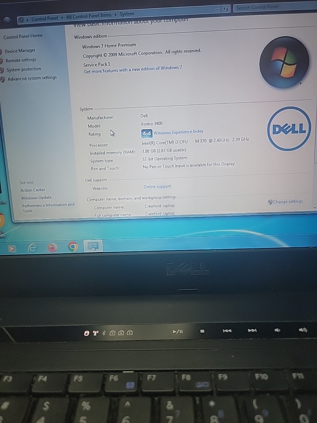 Dell Vostro 3400 Laptop Intel i3-M370 2.4GHZ 50 GB Storage Bad Battery Charger