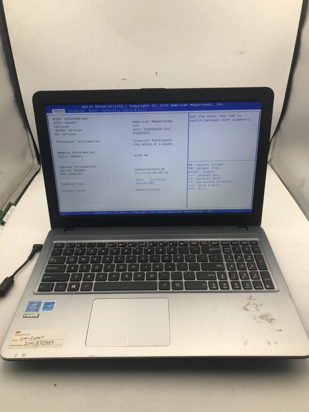 ASUS SONICMASTER X540S – BOOTS TO BIOS – INTEL PENTIUM N – 4GB RAM -READ DESC-BB