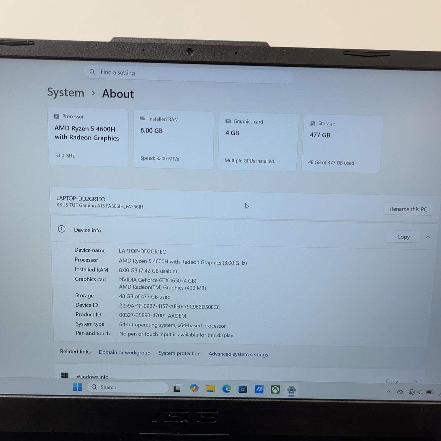 Asus TUF A15 FA566I 15.3″ Ryzen 5 4600H 8GB RAM 512GB SSD GeForce GTX 1650