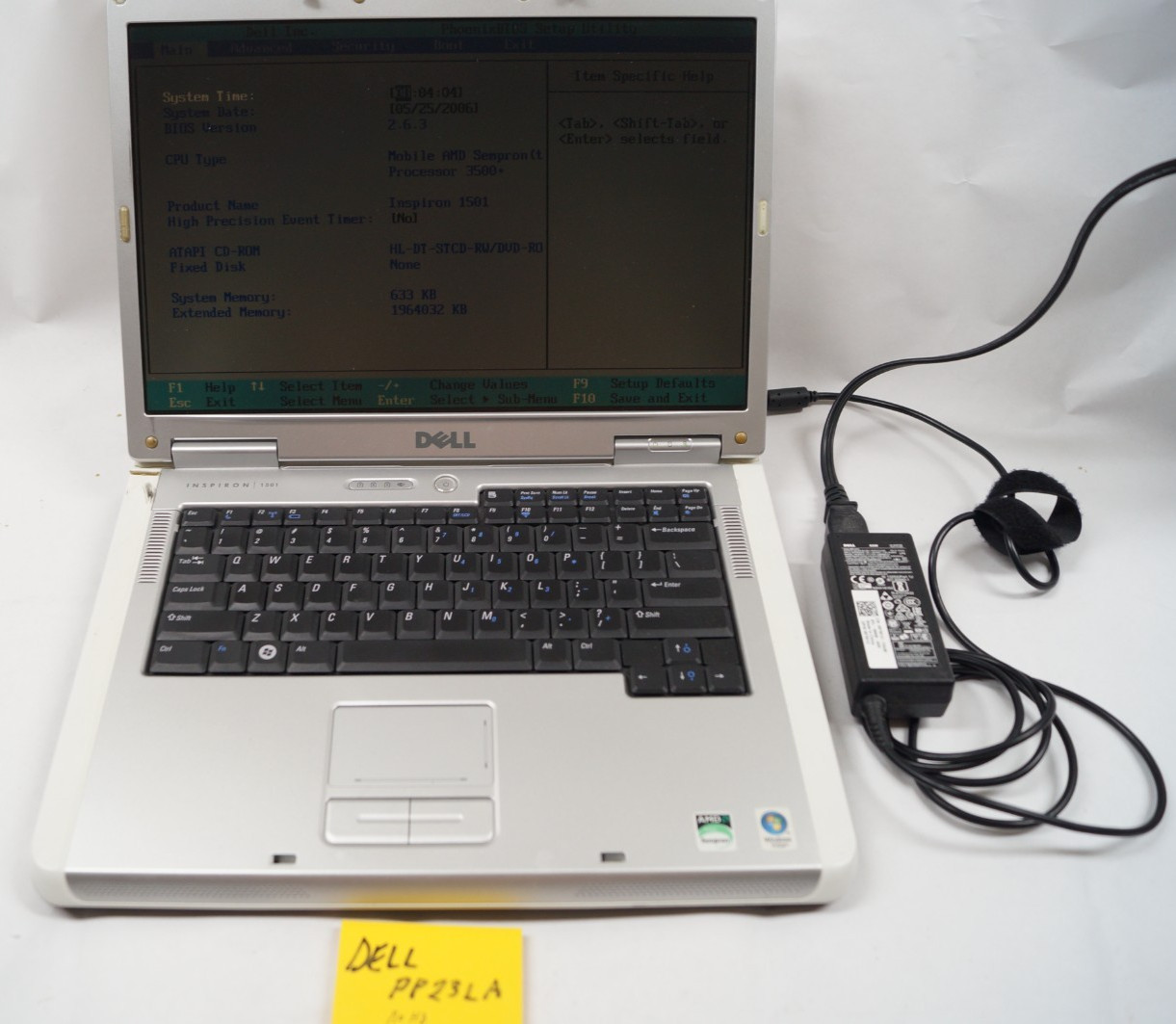 Dell Inspiron 1501- PP23LA 15.5″ 633 KB Mem AMD Sempron No HD WORKING PoR D152