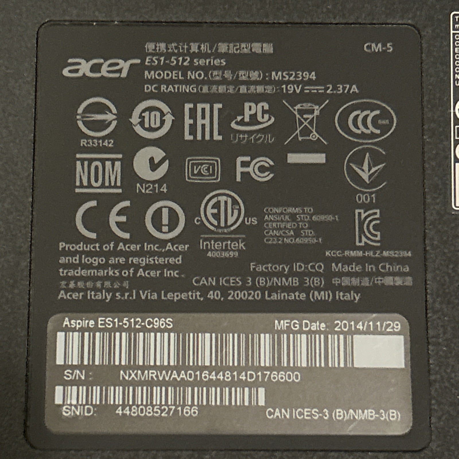 ACER ES1-512 MS2394 Intel Celeron N2840 @ 2.16Ghz, 4GB Ram, 500GB HDD W Charger