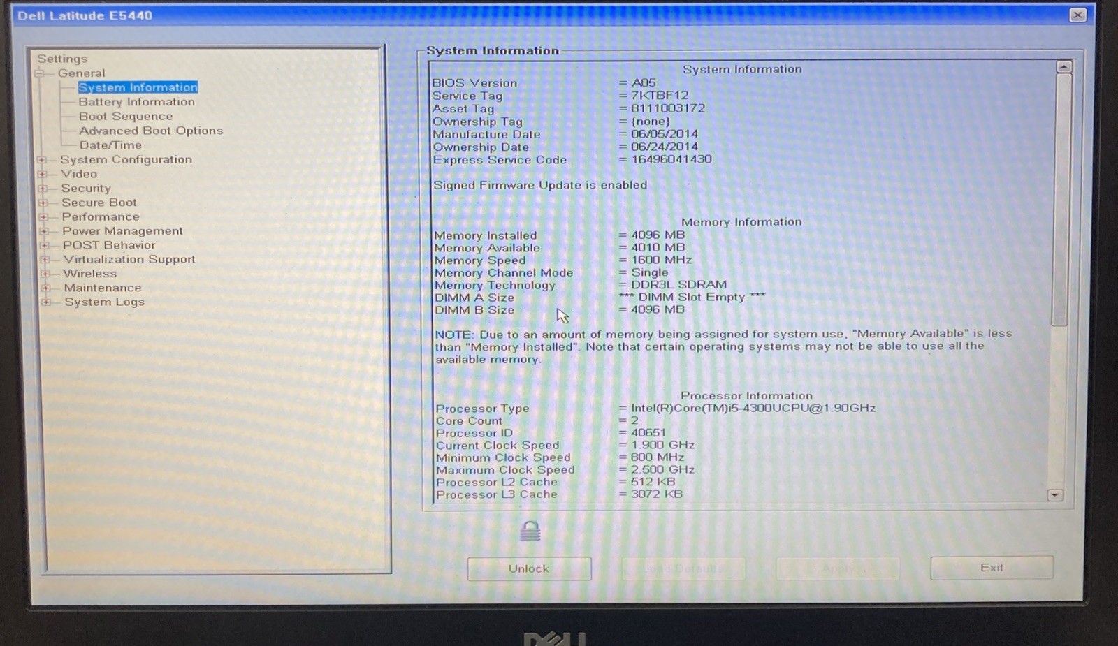 Dell Latitude E5440 i5-4300U 1.90GHz 4GB Boot to BIOS no hdd