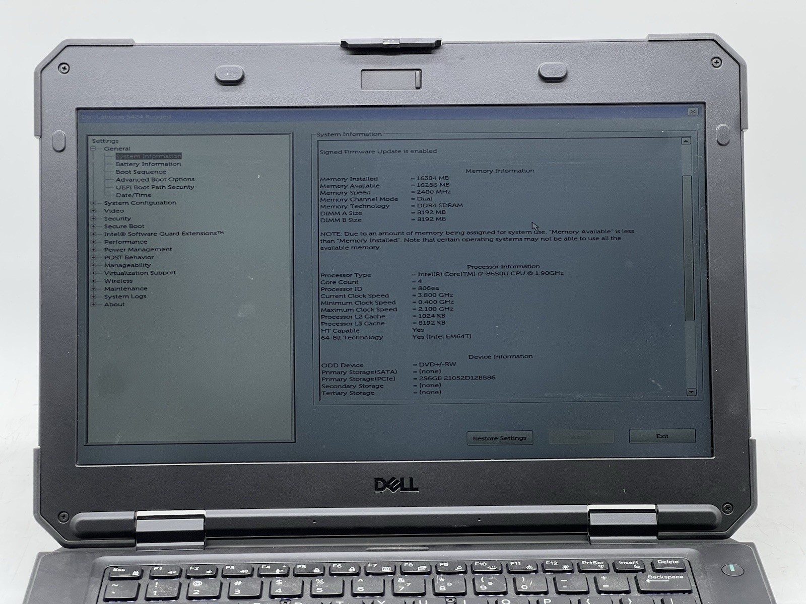 Dell Latitude 5424 Rugged, i7-8650U, 1.90GHz, 16GB RAM, 256GB NVMe-No OS/Charger